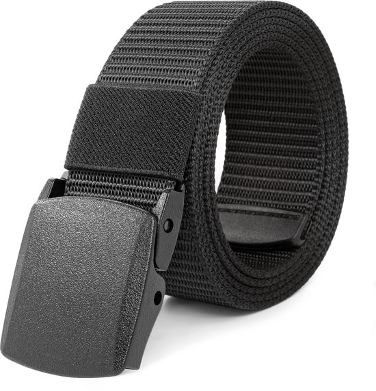 Opgerolde zwarte nylon riem met een matte zwarte kunststof gesp.