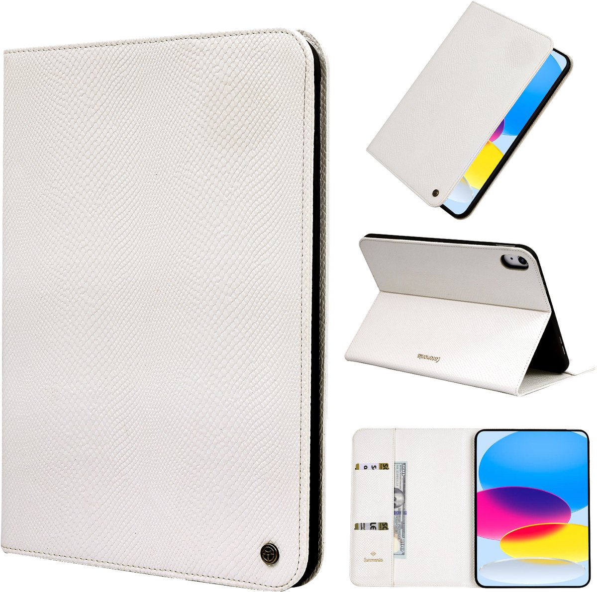 Casemania Hoes Geschikt voor Apple iPad 2022 (10e Gen) - Wit - Luxe Kunstleer met Slangenstructuur Tablethoes met Pasjeshouder en Standaardfunctie - Snake-embossed Vegan Leather Tablet Case Magnetisch Cover