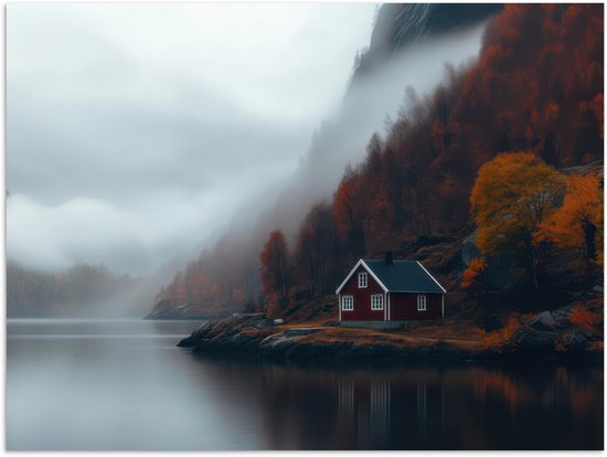 Poster 120x90 cm - Huis - Rood - Bergen - Water - Posters - Kamer decoratie - Wanddecoratie woonkamer - Muurdecoratie slaapkamer