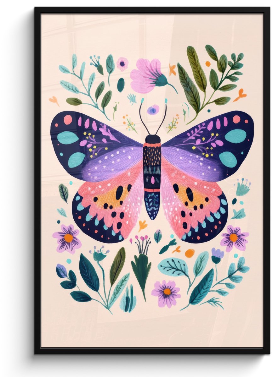 FrameYourWall Poster in lijst - Fotolijst 80x120 cm - Posters - Bloemen - Bladeren - Vlinder - Kleurrijk - Posterlijst zwart - Decoratie - Wanddecoratie woonkamer - Muurdecoratie slaapkamer Vlinder - Bloemen
