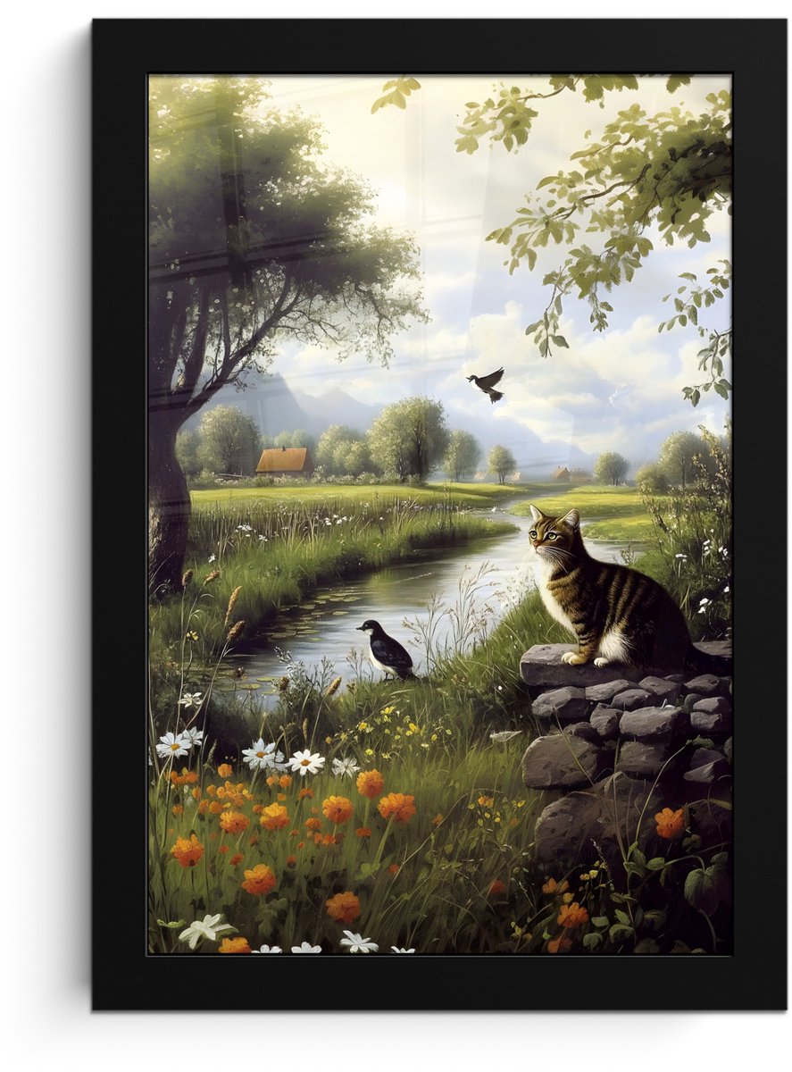 FrameYourWall Poster in lijst - Fotolijst 20x30 cm - Posters - Kat - Beekje - Weide - Posterlijst zwart - Decoratie - Wanddecoratie woonkamer - Muurdecoratie slaapkamer Kat - Natuur