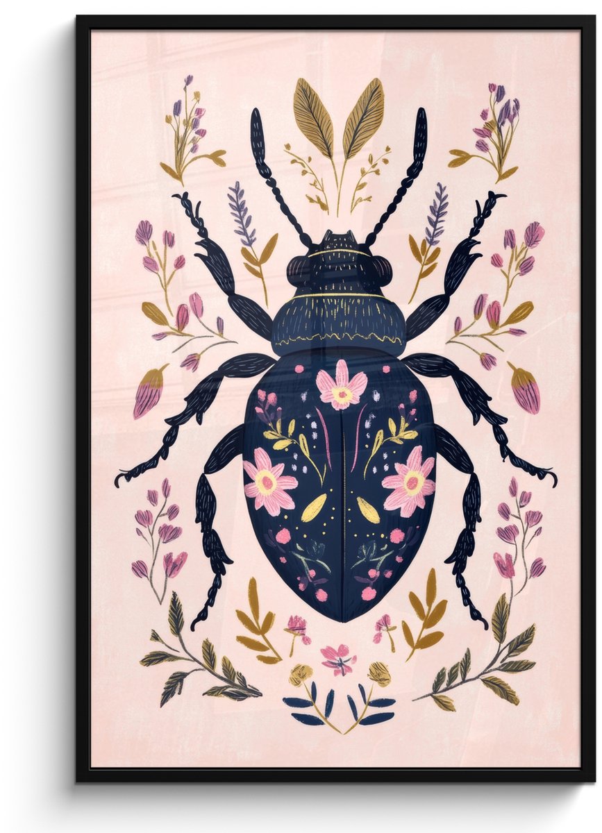 FrameYourWall Poster in lijst - Fotolijst 80x120 cm - Posters - Donkerblauw - Kever - Bloemtakken - Sierlijk - Posterlijst zwart - Decoratie - Wanddecoratie woonkamer - Muurdecoratie slaapkamer Kever - Bloemen