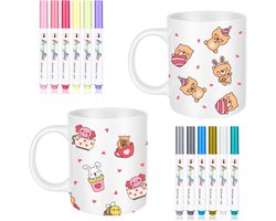 Pack of 2 Mugs for Painting, with 12 Colours Waterproof Porcelain Pens, White Ceramic Mugs for Painting, Couples, Partners, Birthday, DIY