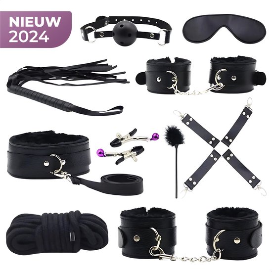 BDSM Set - 10 Delig - Gag Ball & Zweep - Seksspeeltjes - Handboeien - Zwart