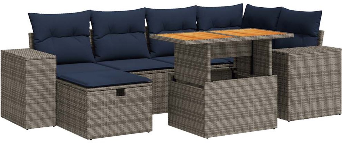 vidaXL 7-delige - Loungeset - met - kussens - poly - rattan - acacia - bruin Grijs