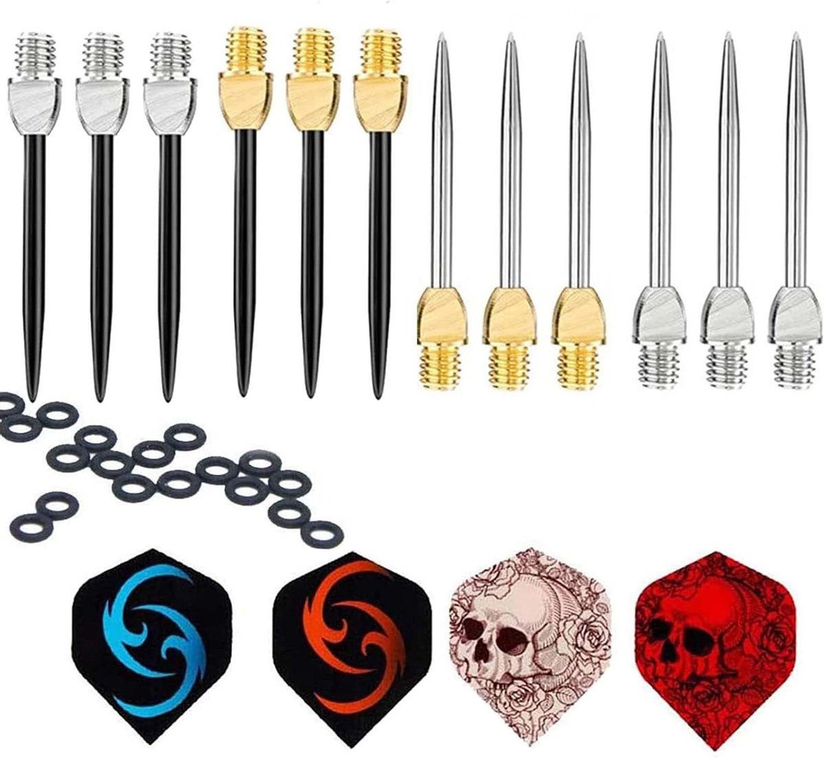 Allecto Plus - Dartpunten en Dartflights Set - 12 Stuks Pijlpunten - 4 Sets - Inclusief Rubberen Ring - Diverse Kleuren