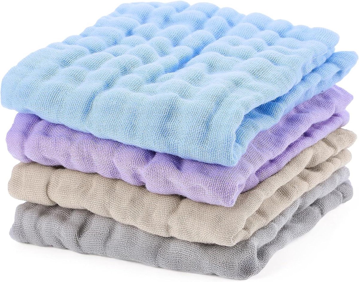 Allecto plus - Mousseline babywashandjes van biologisch katoen 4 stuks | 25 x 25 cm | Zacht voor pasgeborenen | Voor jongens en meisjes