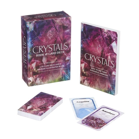 Crystals Book & Card Deck met kaarten en een boek, paarse en roze kristallen patronen.