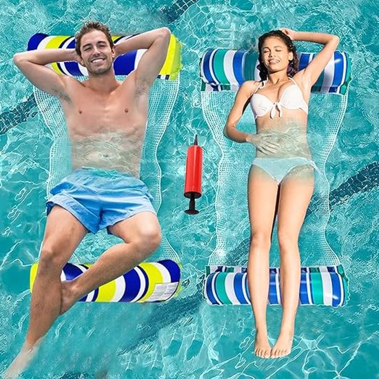 Set de 2 hamacs gonflables pour piscine, flotteur de piscine 4 en 1 pour adultes, matelas de piscine gonflable avec 1 pompe à air manuelle pour fêtes sur la plage et plus encore