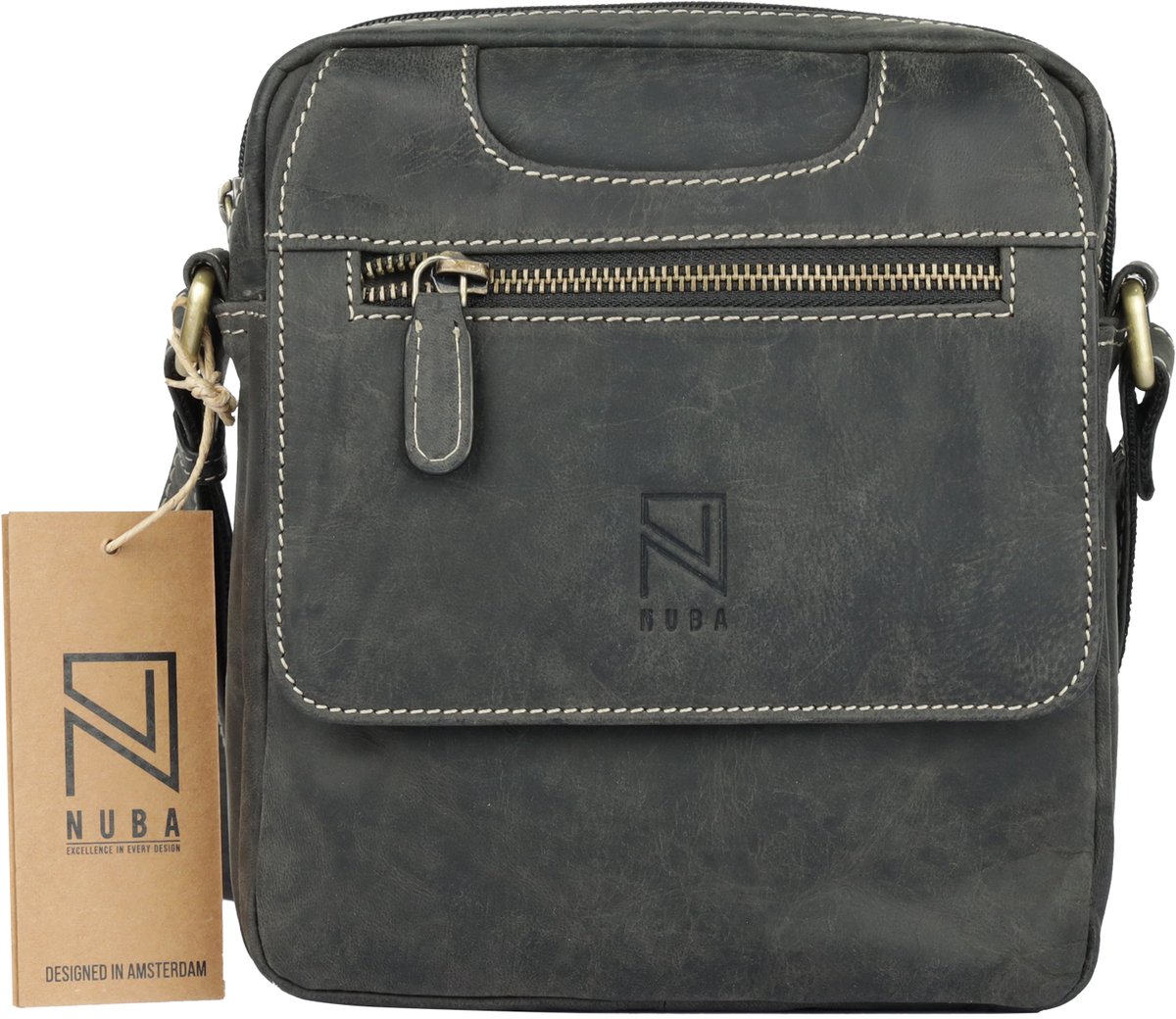 NUBA Schoudertas Leren tas Hunter - crossbodytas 100% Leer - Nature 3334 - Buffelleer tas middel - Zwart Antraciet