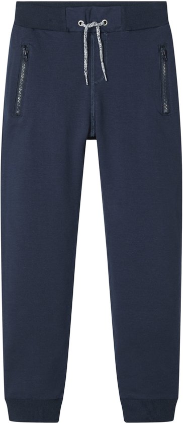 Donkerblauwe joggingbroek met trekkoord en ritszakken.