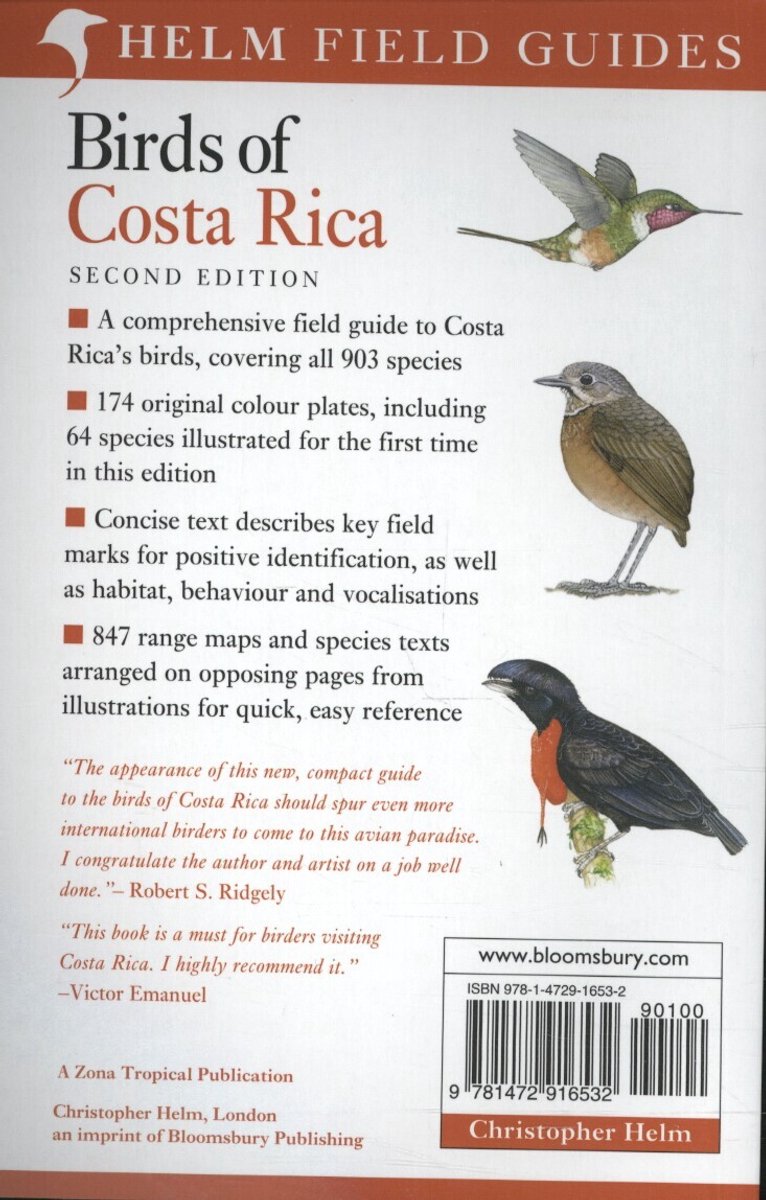 Achterkant boek 'Birds of Costa Rica, Second Edition' met illustraties van drie vogels en tekst.