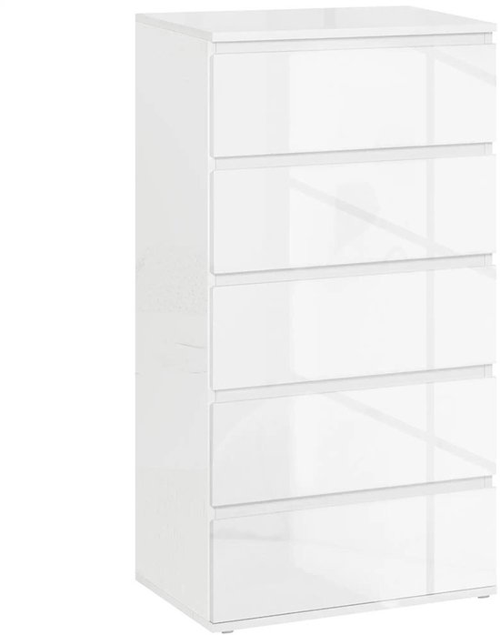 Moderne witte ladekast met vijf laden.