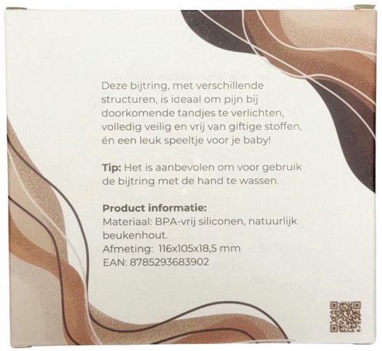 Achterkant van de verpakking van de bijtring met tekst over materiaal en afmetingen.