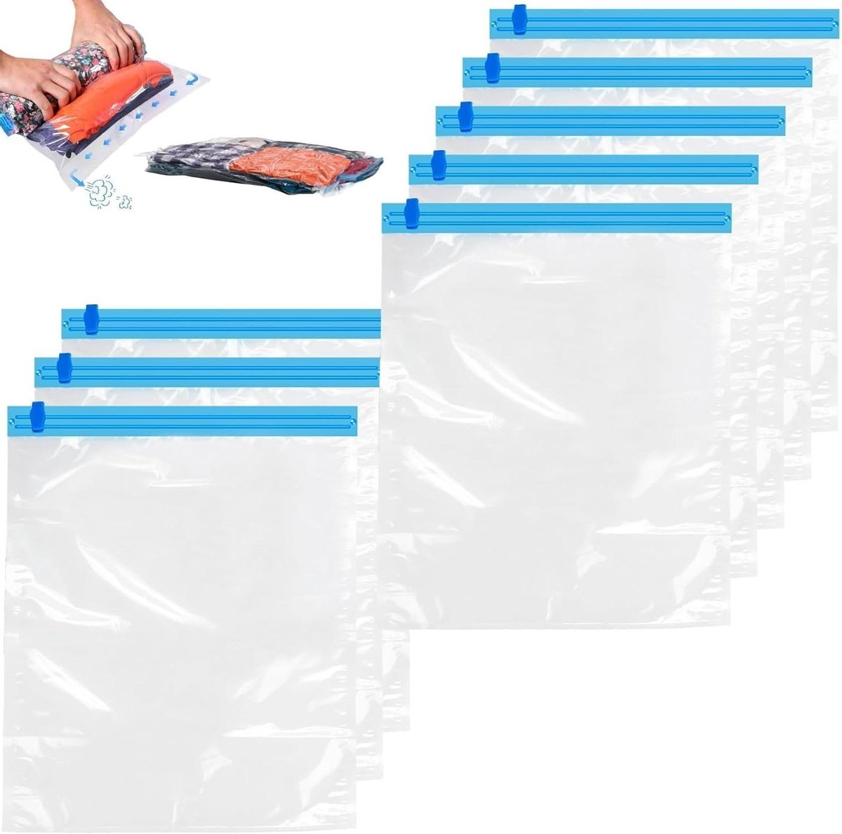 Allecto Plus - Vacuümzakken Reizen 8 stuks - Rollende Compressiezakken 50 x 70 cm - Herbruikbaar en stofzuiger-vrij - Reisopbergzakken met handmatig rollen.