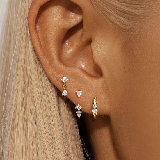 Twinkle Modulaire Oorbellen Set | 18k Verguld Oorbellen Set met Zirkonia Stenen | 925 Streling Zilver | 3-delige Dames Modulaire Oorbellen Set