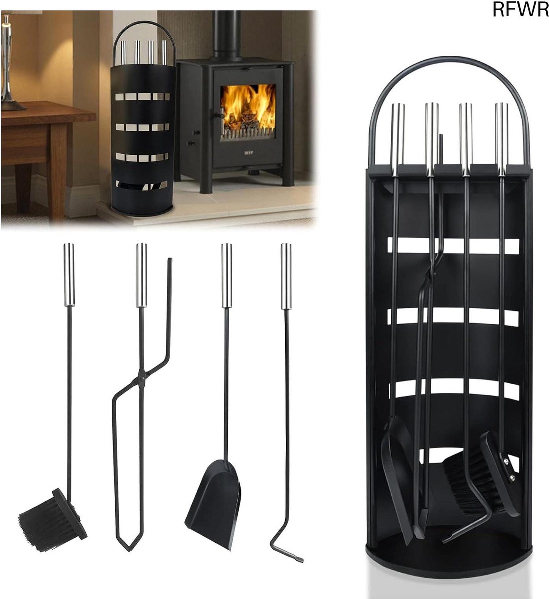 RFWR® 5-delige haardaccessoires set - Roestvrij staal, haardbestek met standaard, bezem, tang, pookhaak en asschep voor houtkachel