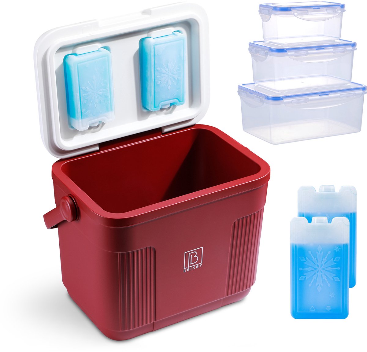 Brisby Koelbox - Frigobox - 22L - Rood - Tot maximaal 40 uur isolatie - Incl. 4 dikke koelelementen van 450ml en 3 Delige Set Vershoudbakjes - Temperatuur veilige sluiting - Met koelelementen vergrendeld in deksel