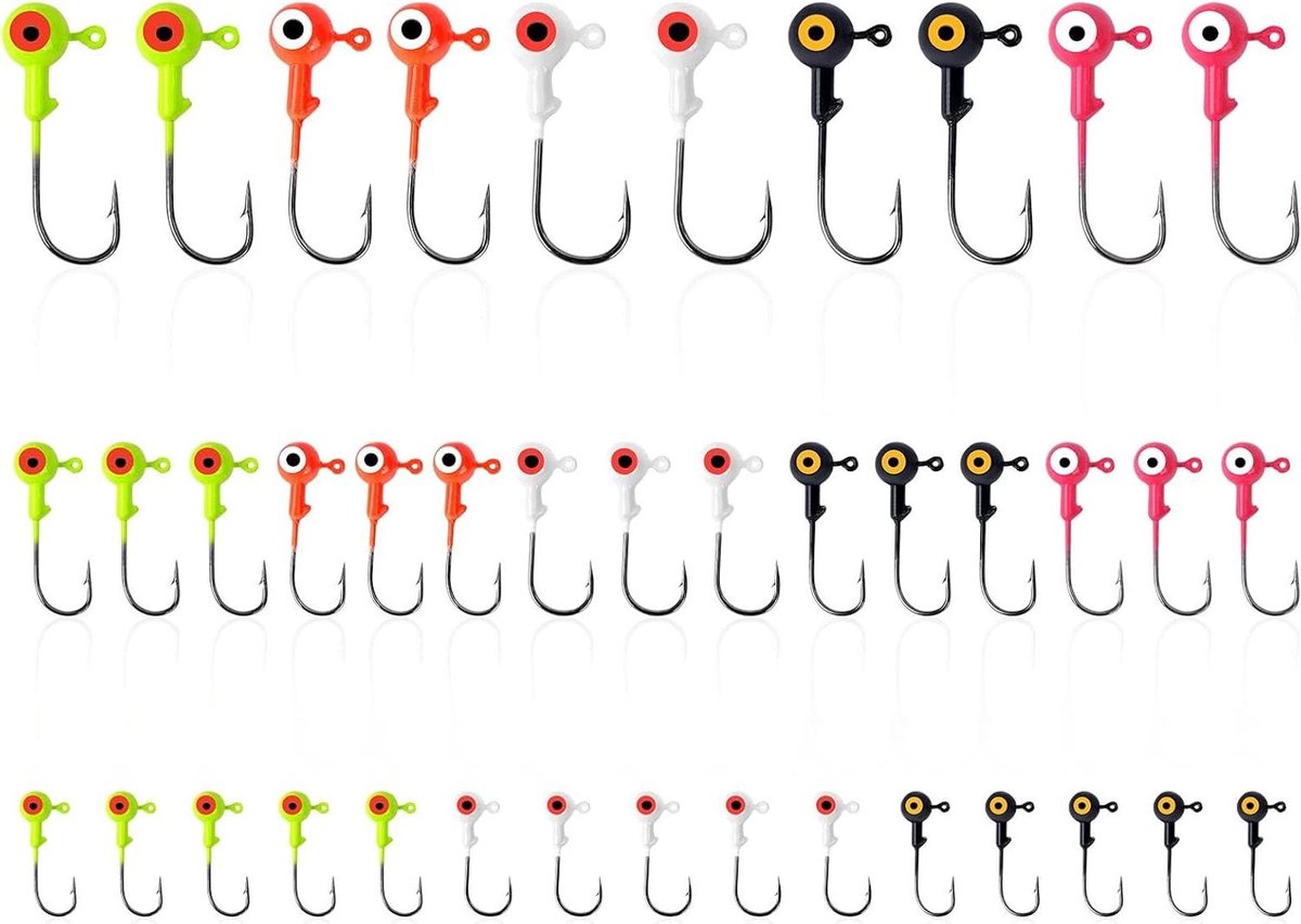 Allecto Plus - 40-delig assortiment Glow in the Dark Jigkoppen voor Crappie met 3D-ogen en Swimbait - Lichtgevende Vishaken - Geschikt voor Crappie Baars Forel - Visaccessoires en Cadeaus voor Heren - Beschikbaar in 3 Maten