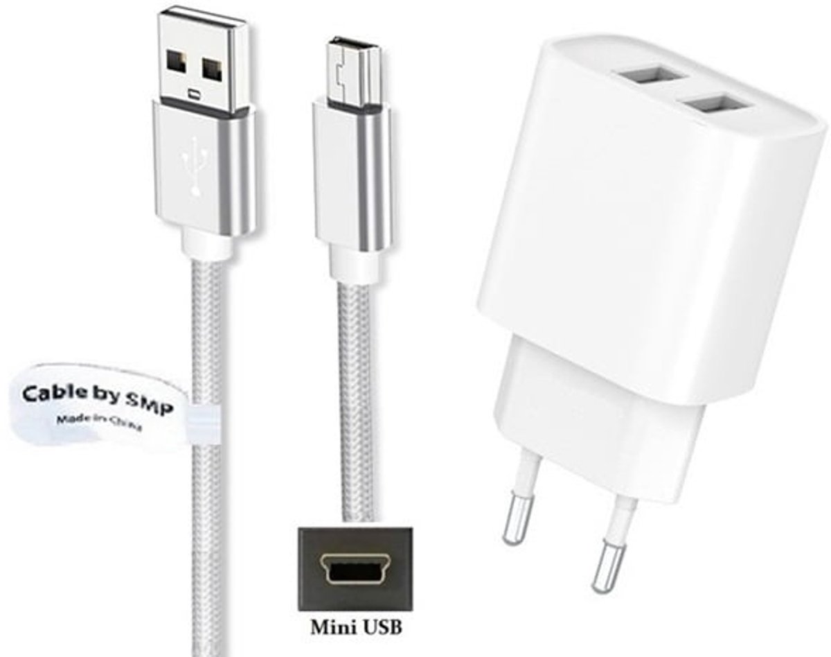 OneOne 2.4A lader met 2 poorten + 1,5m sterke Mini USB kabel snoer. Oplader adapter past op Garmin Zumo 395, 395LM, 396LM, 400, 450, 500, 550, 660, 660LM, 665, 665LM
