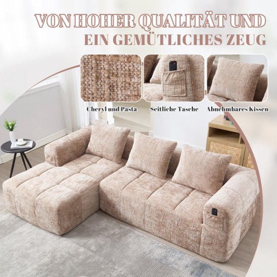 L-vormige hoekbank 195 cm] chenille L-vormige hoekbank, driezitsbank