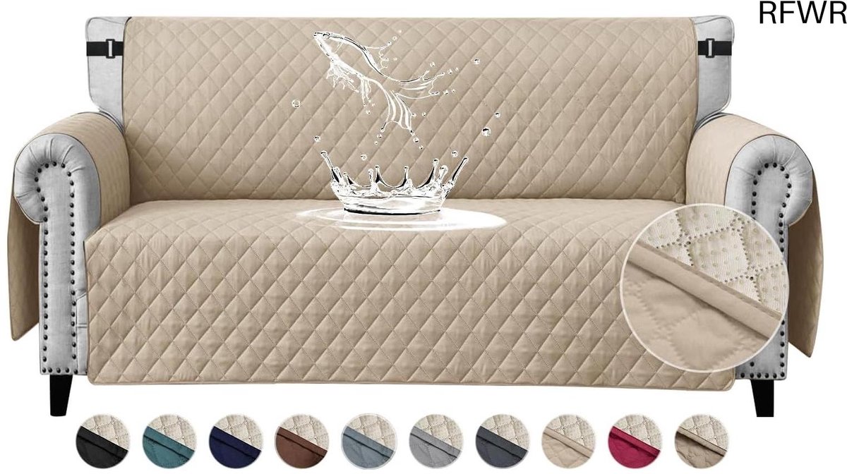 RFWR Waterdichte 2-zits Bankhoes - Reversible Quilted Sofa Protector met Antislip en Vakken beige