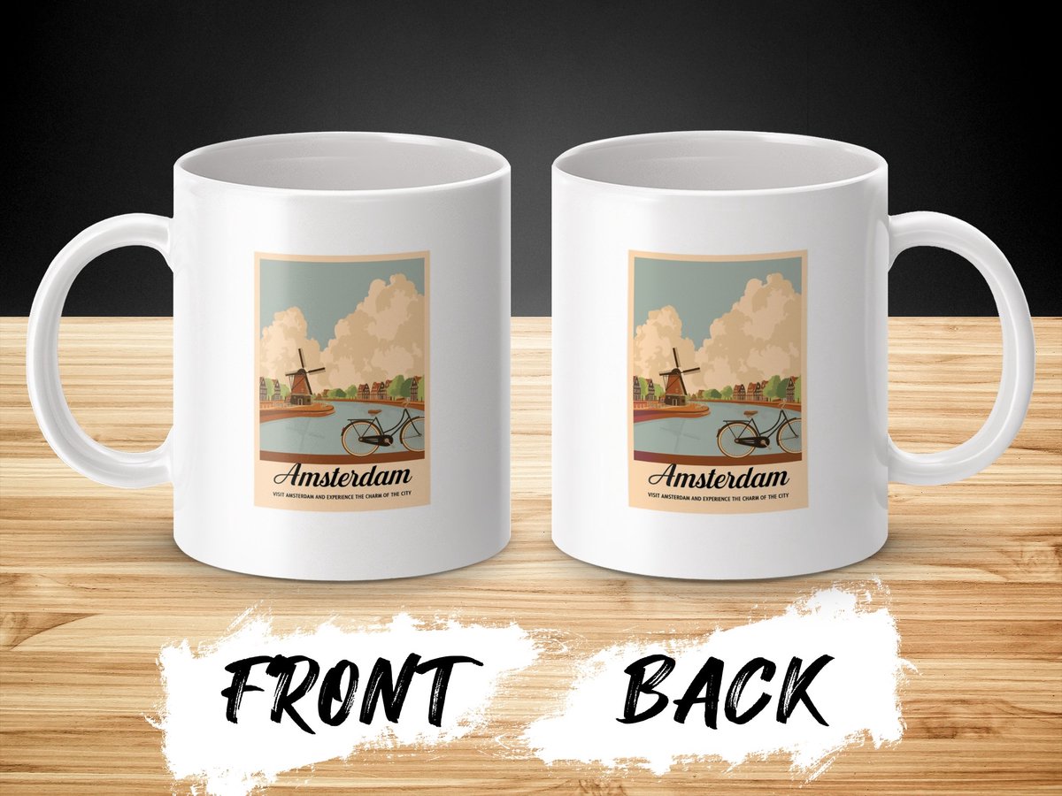 Amsterdam Retro Travel Mug, Nederland Molen Fiets Design, Vintage Reismok, Holland Souvenir, Koffie Thee Cadeau, Stad Bekijk