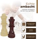Bruine en crème koninginnen, met een handgemaakt schaakbord. "Echte ambacht", "Handgemaakt schaakbord", "2 extra dames".