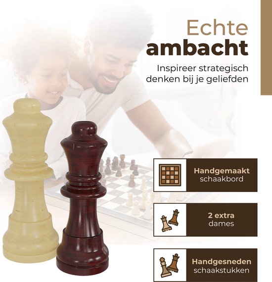 Bruine en crème koninginnen, met een handgemaakt schaakbord. "Echte ambacht", "Handgemaakt schaakbord", "2 extra dames".