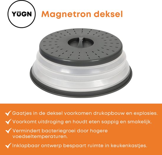 Couvercle de micro-ondes gris pliable YUGN avec le texte 'Magnetron deksel' et les avantages tels que prévient la pression, garde les aliments juteux, réduit la croissance bactérienne et économise de l'espace.