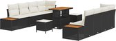 vidaXL - 11-delige - Tuinset - met - Kussens - - - Zwarte - Poly - Rattan - en - Acacia