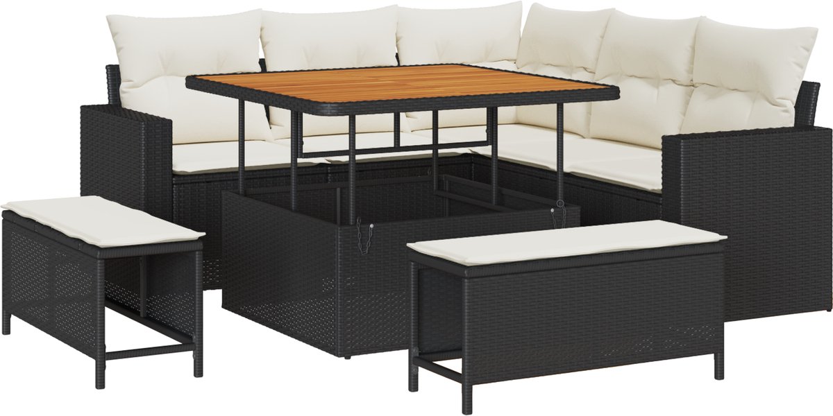 vidaXL - Tuinbank - Set - met - kussen - 9 - pcs - Zwart - en - Crème - poly - rattan