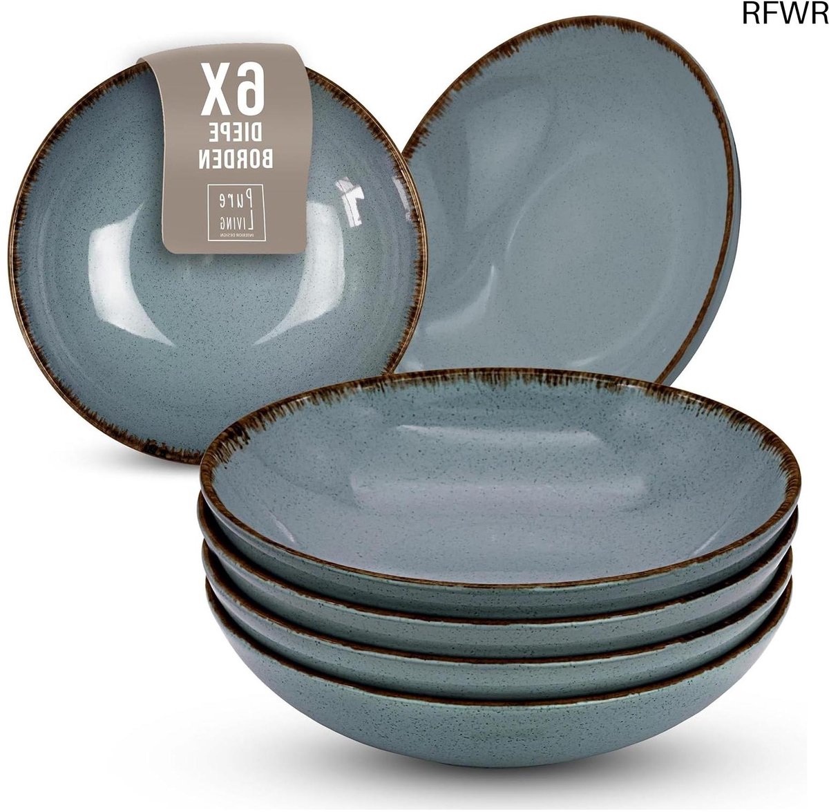 RFWR® Set van 6 Diepe Borden - Hoogwaardig Steengoed, Vaatwasserbestendig - Moderne Vintage Tafelsetting in Rokerig Blauw