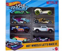 Hot Wheels Let's Race 8-pack, set van 8 speelgoedauto's op schaal 1:64 uit de Netflix serie (stijlen kunnen variëren)