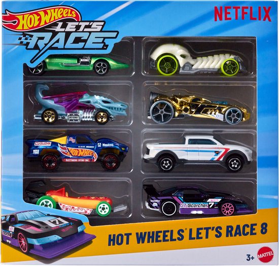 Hot Wheels Let's Race 8-pack, set van 8 speelgoedauto's op schaal 1:64 uit de Netflix serie (stijlen kunnen variëren)