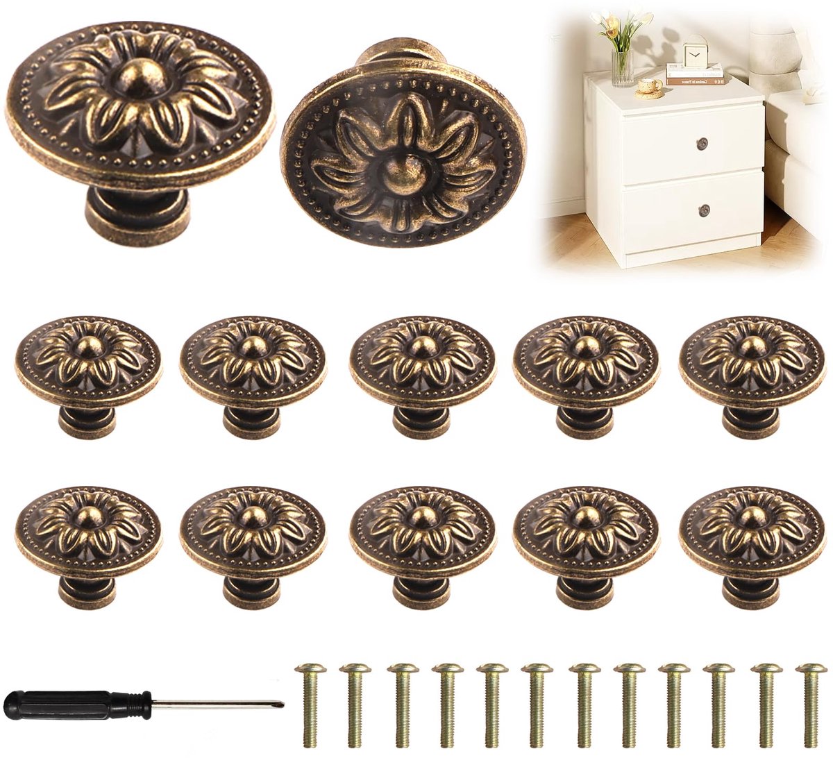 Ibenzoa® Vintage Bloemenpatroon Meubelknoppen Set van 12 met Compleet Installatiepakket