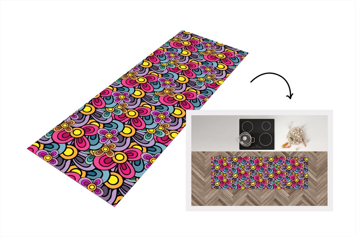 KitchenYeah Keukenloper 150x50 cm - Keukenmat vinyl Patroon - Hippie - Bloemen - Paars - Keukenmatten loper - Keuken vloerkleed tapijt