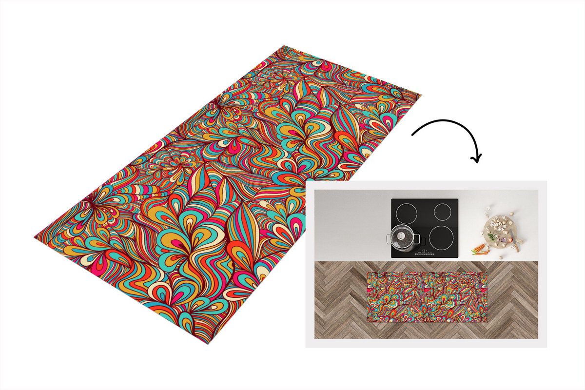 KitchenYeah Keukenloper 120x50 cm - Keukenmat vinyl Design - Jaren 70 - Fantasy - Kleur - Keukenmatten loper - Keuken vloerkleed tapijt Design - Fantasy - Kleur