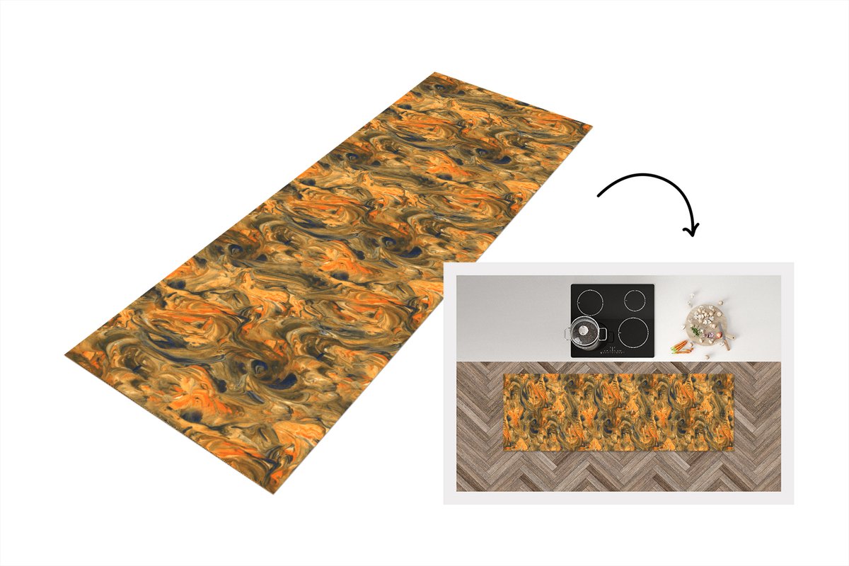 KitchenYeah Keukenloper 150x50 cm - Keukenmat vinyl Verf - Bruin - Oranje - Marmer print - Design - Keukenmatten loper - Keuken vloerkleed tapijt