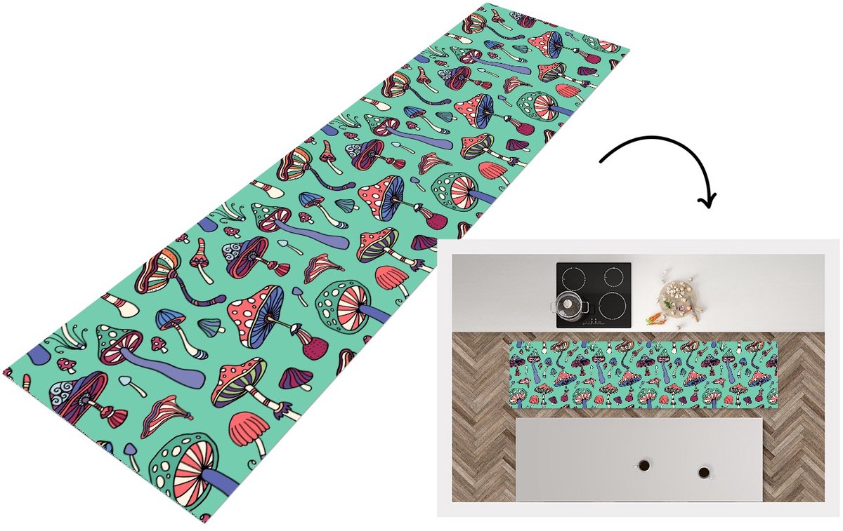KitchenYeah Keukenloper 240x60 cm - Keukenmat vinyl Patronen - Vintage - Paddenstoelen - Natuur - Keukenmatten loper - Keuken vloerkleed tapijt