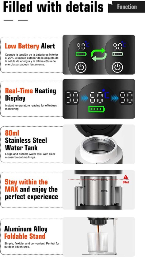 Machine à Café Portable Expresso 12V Voiture & Camping - Capsules Ou Moulu, Rechargeable USB Gris Expresso Portable Voyage