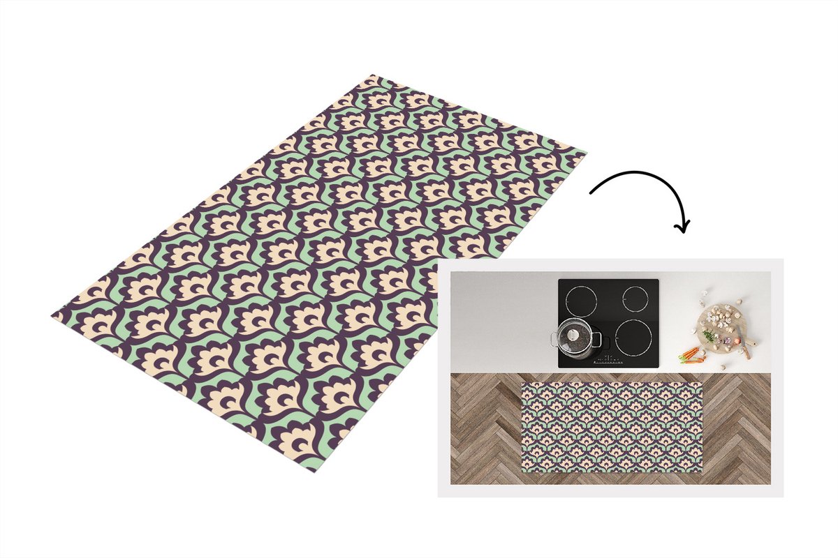 KitchenYeah Keukenloper 120x60 cm - Keukenmat vinyl Patroon - Retro - Bloemen - Keukenmatten loper - Keuken vloerkleed tapijt