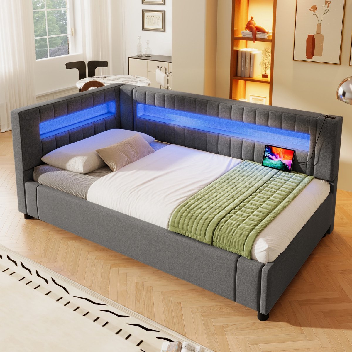 Sweiko Slaapbank - 90 x 200 cm - LED-verlichting - USB + Type-C - Linnen - Grijs