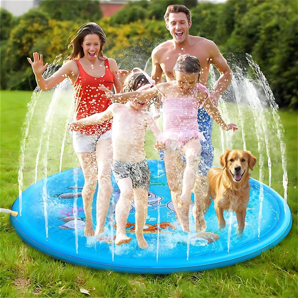 170 cm extra grote ronde dolfijn sproeier en water speelmat—verdikte antislip water sproeier mat opblaasbaar water speelgoed,—cadeau voor kinderen en honden,—zomer tuin buiten spelen (blauw) – foto 2