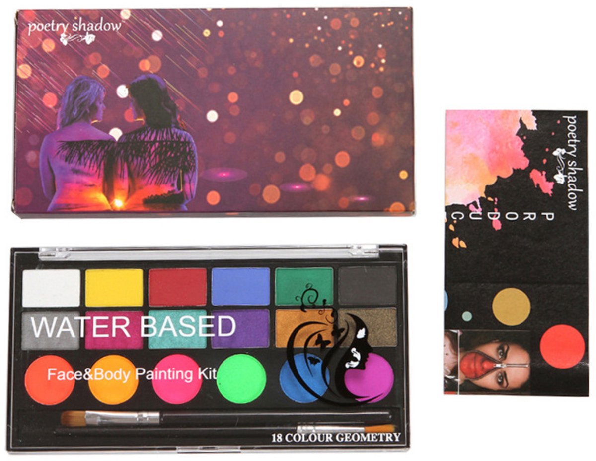 18 Kleuren Schminkset Kinderen – Schmink- Waterbasis Schmink met 10 Penselen– Niet-Giftig – Schmink voor Kind & Volwassene – Halloween, Feest, Schminken — afbeelding 3