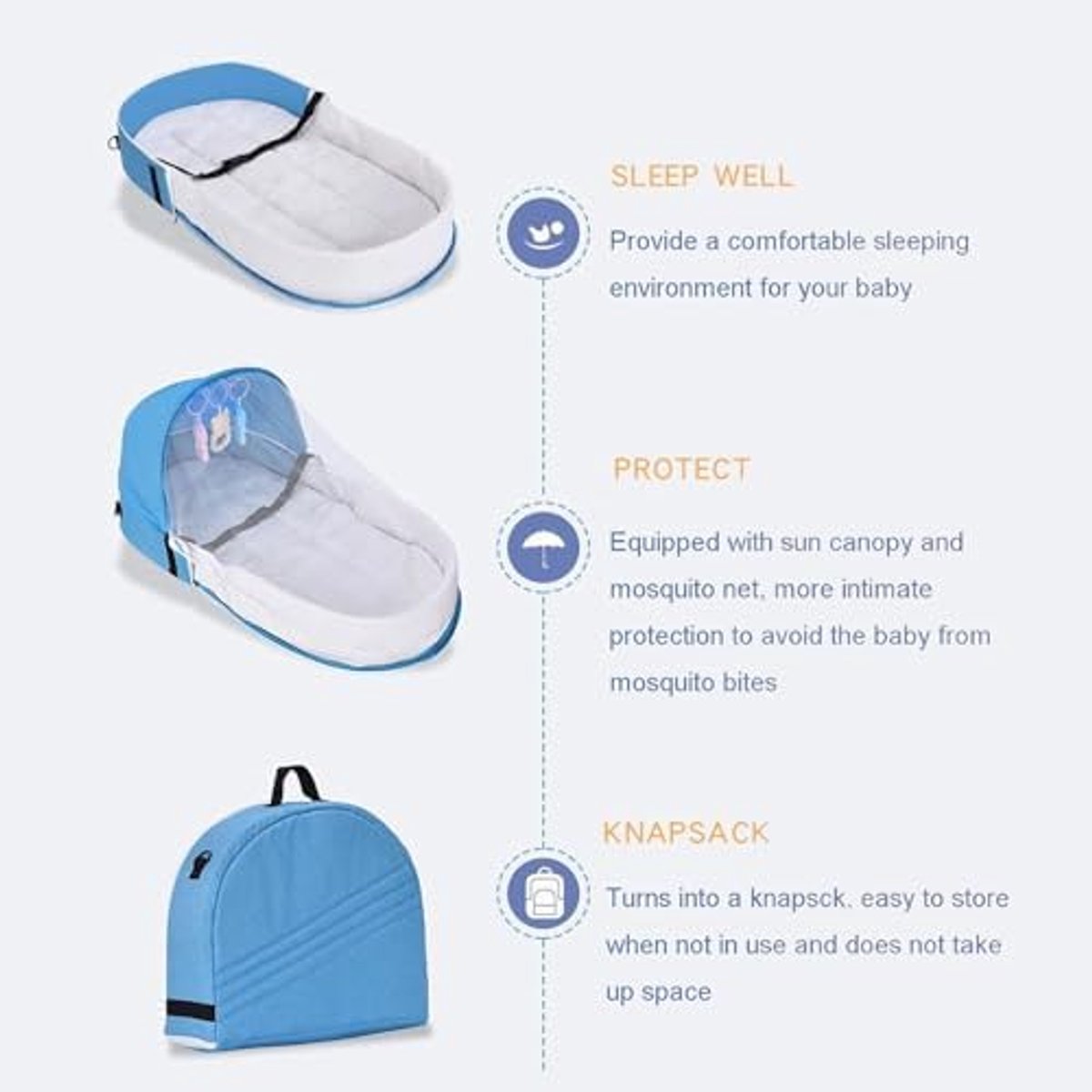 Draagbare Babywieg - Opvouwbaar Reisbedje - Baby Campingbedje - Met Speeltjes - Klamboe & Zonnekap - Lichtgewicht Babybed - 0-10 Maanden - Baby Nest Voor Buiten & Binnen - Makkelijk Mee Te Nemen - Blauw - 80x40x45 cm – foto 7