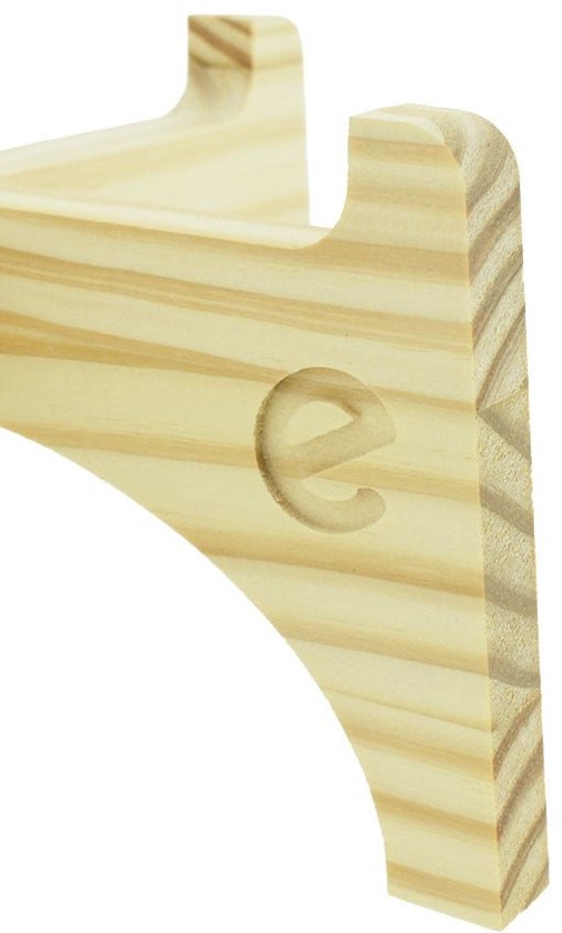 Lichtbruine houten standaard met subtiel ingekerfd 'e' logo op de zijkant.