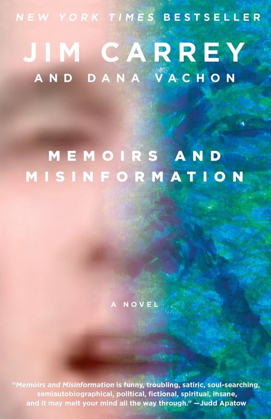 Boek "Memoirs and Misinformation" van Jim Carrey en Dana Vachon, met blauwe en groene abstracte achtergrond.