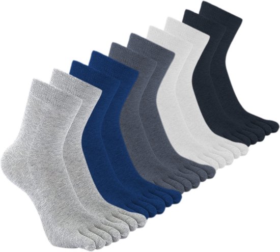 Rij van acht teensokken in verschillende kleuren: lichtgrijs, donkergrijs, blauw, lichtgrijs, wit en donkergrijs.