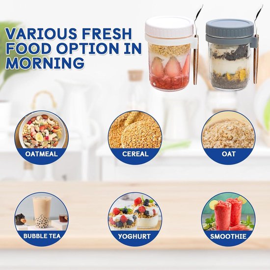 HEFTMAN Kleine ontbijtpotten met deksels - 6 x 200 ml kleine voorraadpotten met deksels voor lunchbox, sauzen, fruit, luchtdichte glazen nachthaverpotten voor koelkast